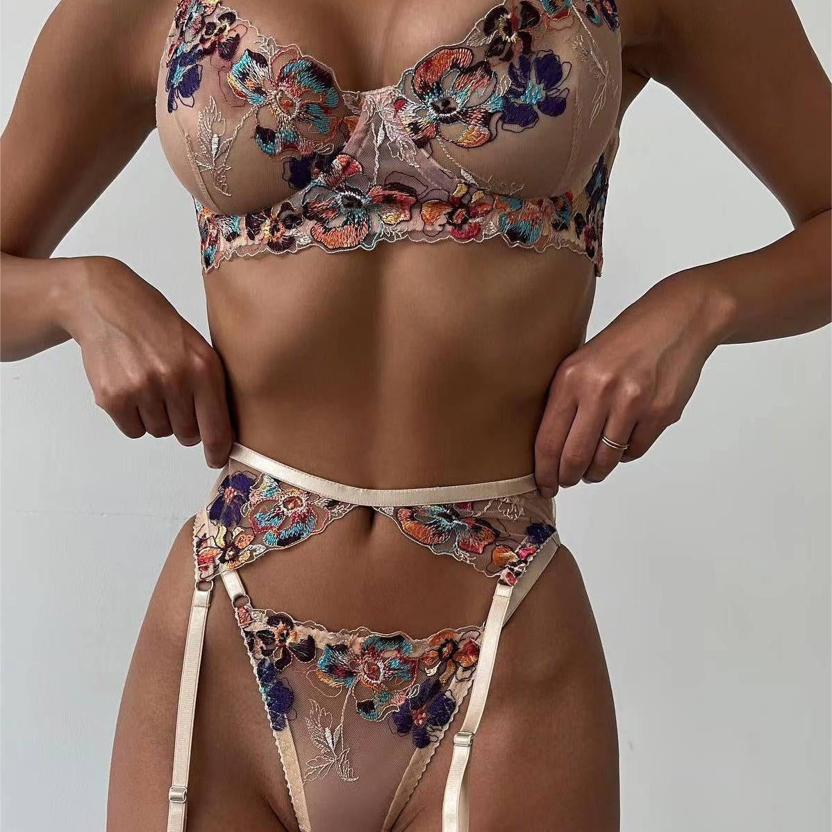 Nude Embroidered Floral See-through Lingerie Set