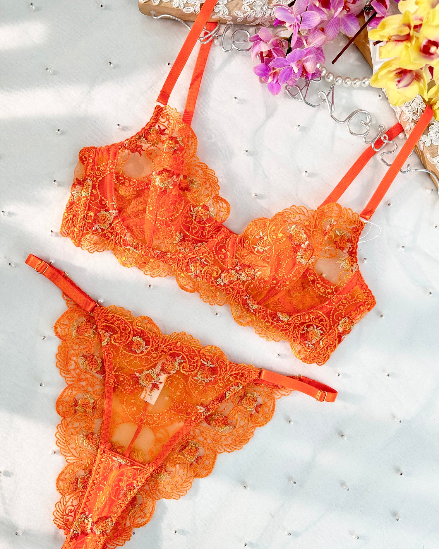 Orange Floral Embroidery Lingerie Set