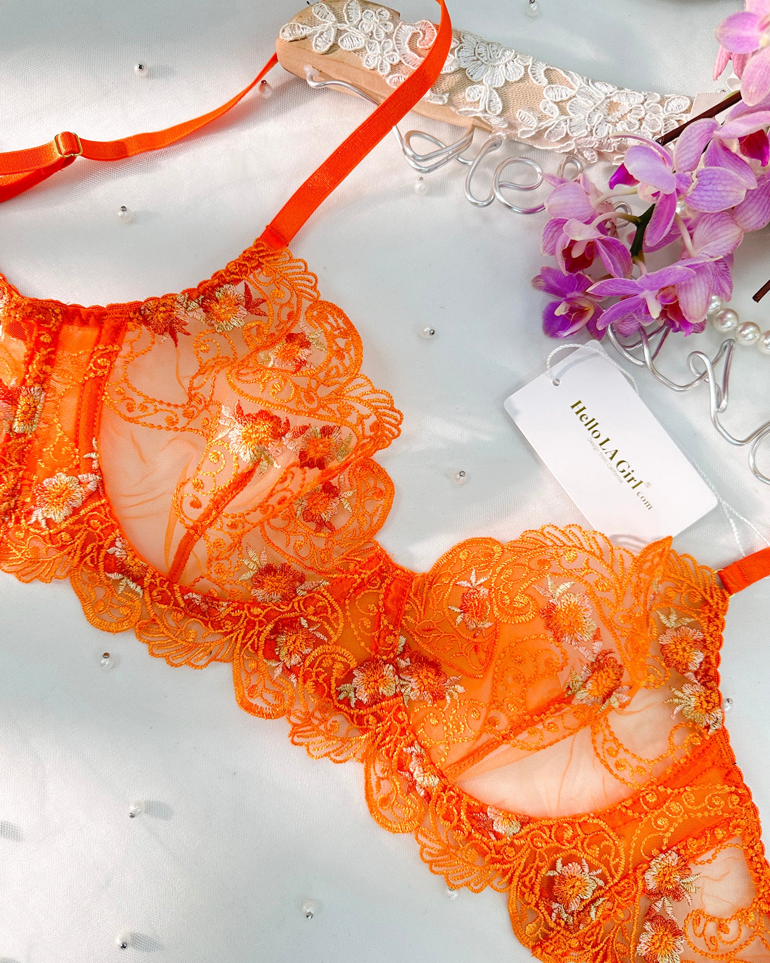 Orange Floral Embroidery Lingerie Set