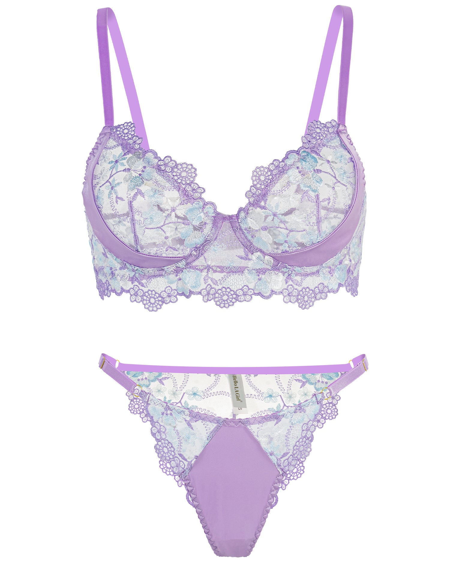 Lavender Floral Embroidered Satin Push-up Lingerie Set