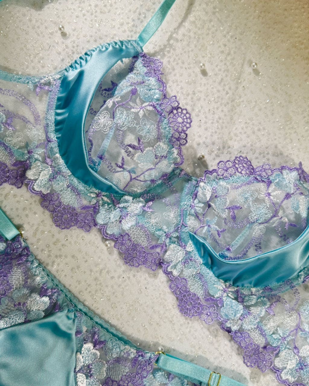 Romantic Blue Embroidered Push-up Lingerie Set