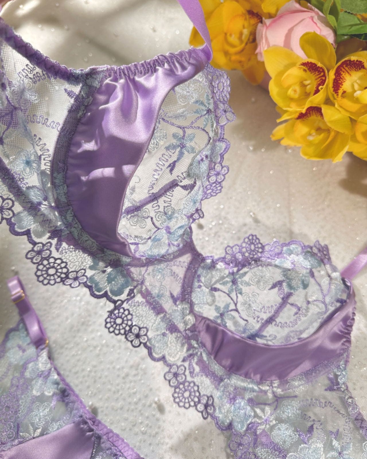 Lavender Floral Embroidered Satin Push-up Lingerie Set