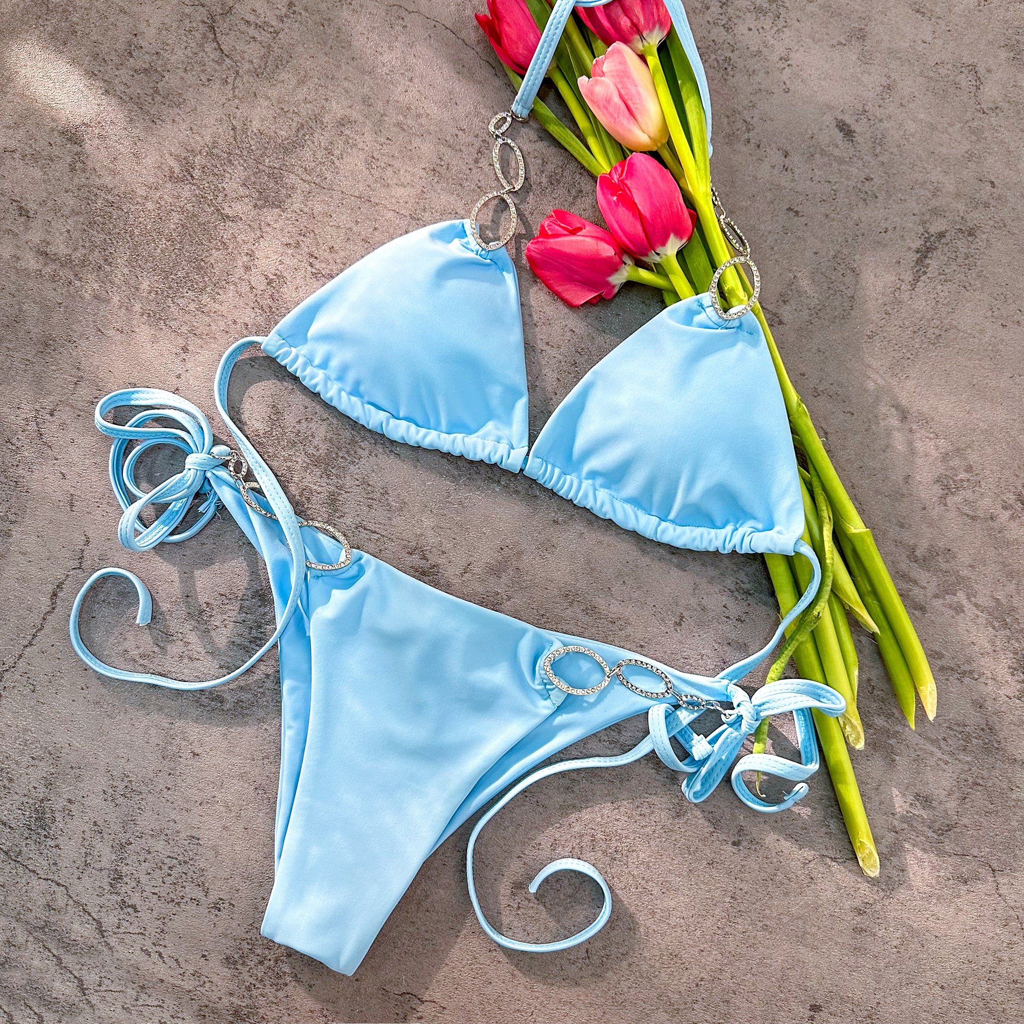 Blue Metal Accessories Rhinestone Split Plain Color Tie Bikini Set