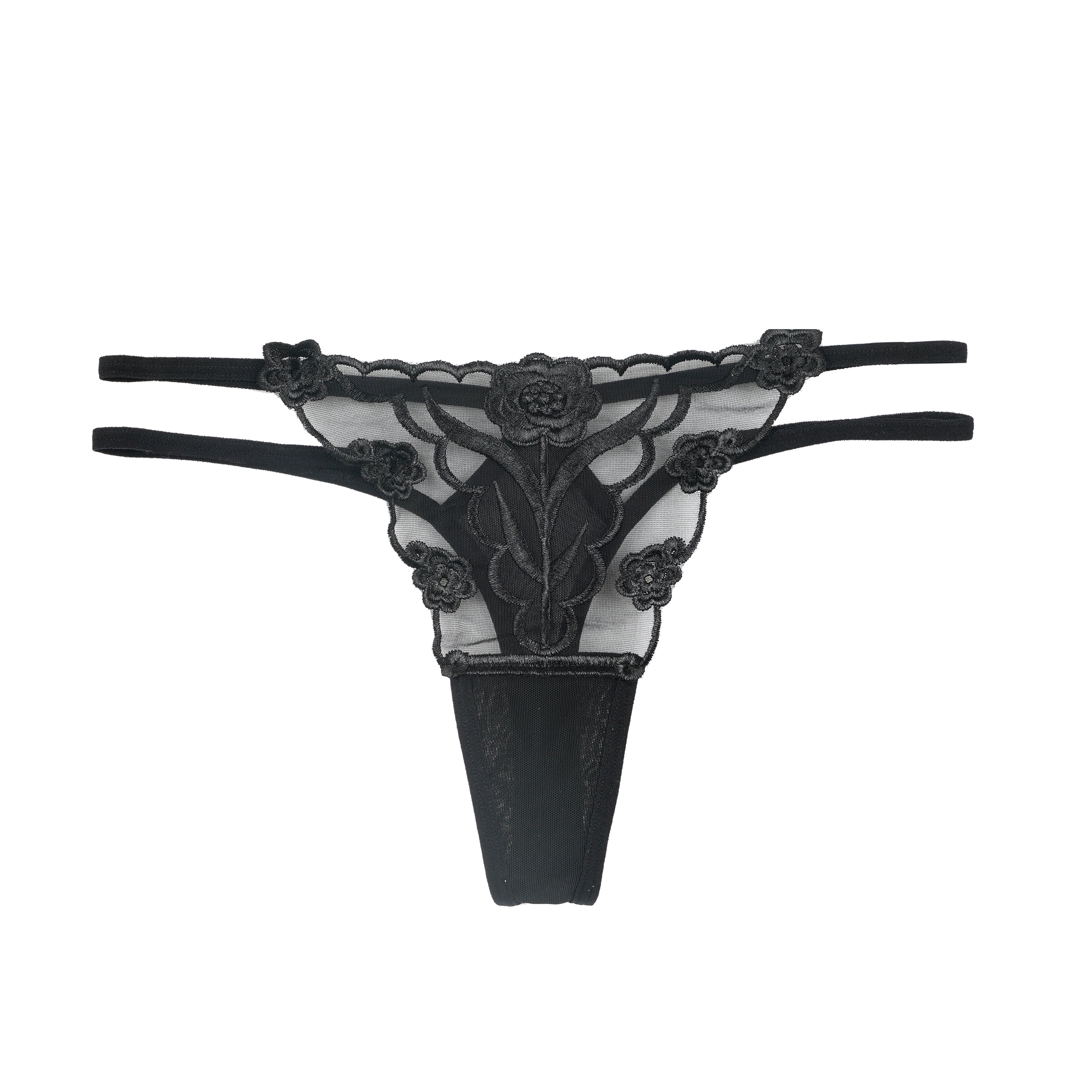 Floral Embroidery Double Straps Mesh Thong
