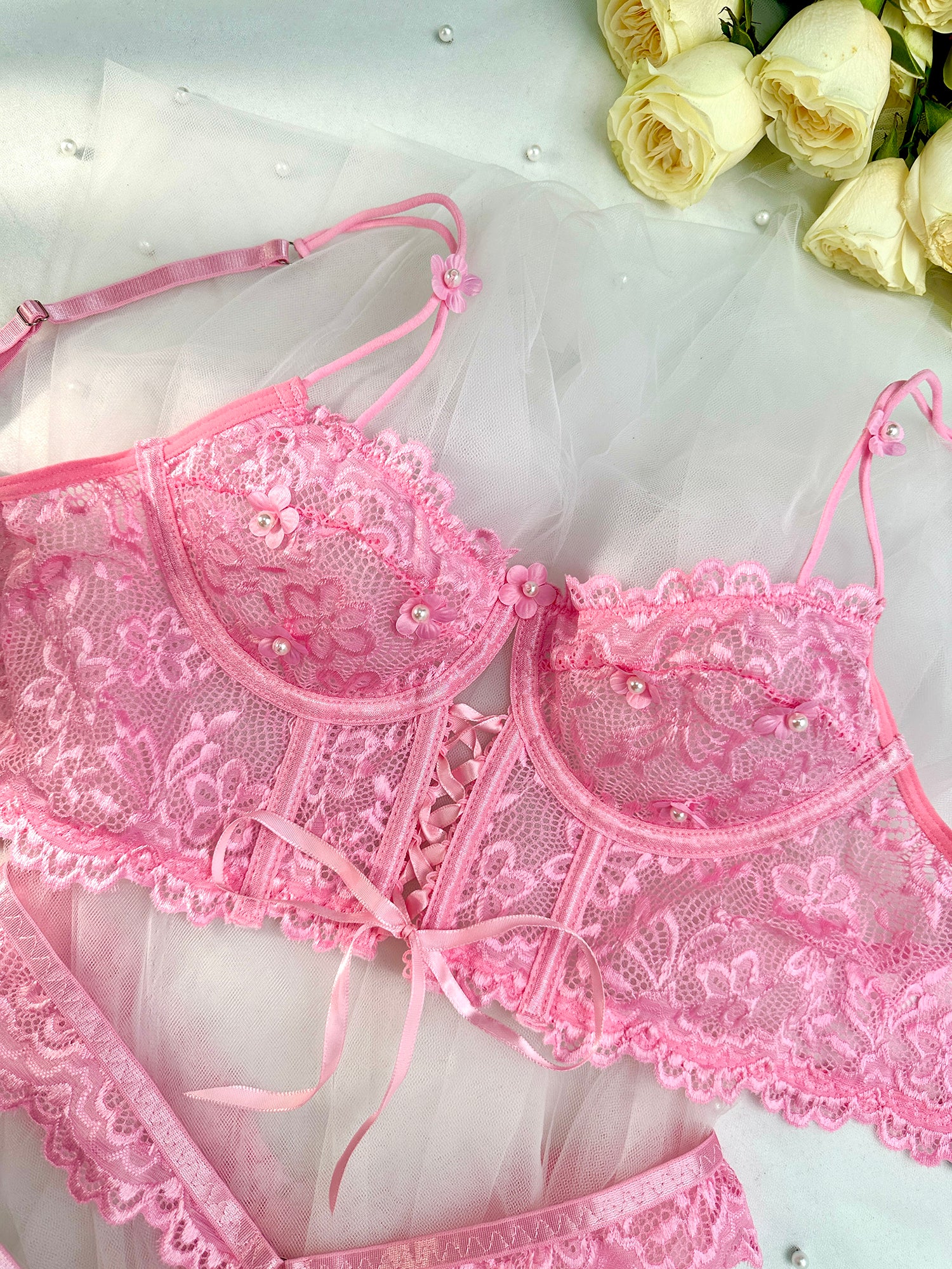 Pink Pearls Small Flower Lace Lingerie Set