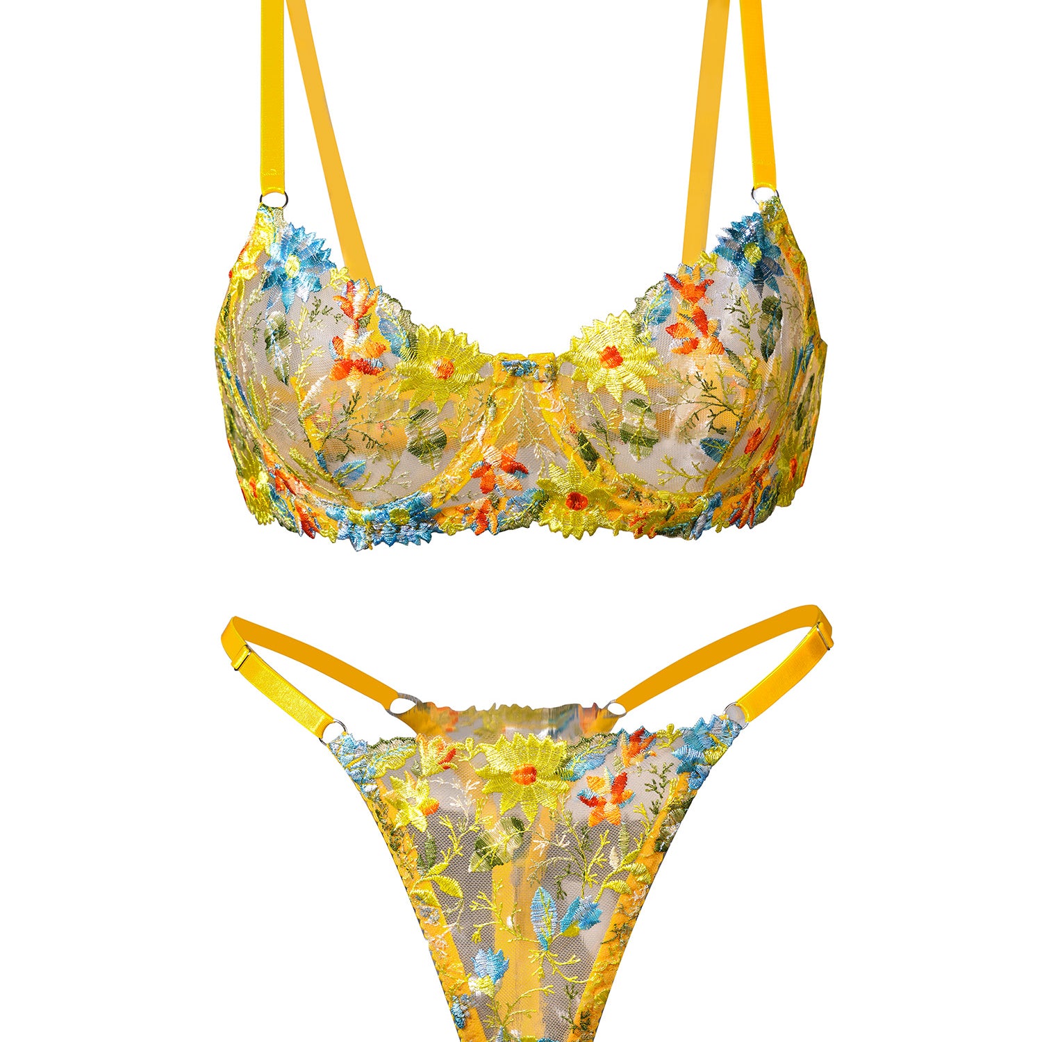 Yellow Flowers Embroidery Lingerie Set 2PC