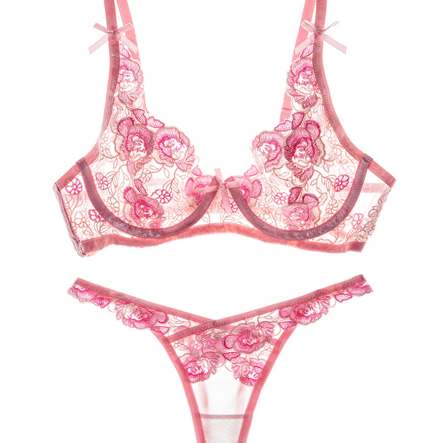 Pink 2 Layers Flowers Border Embroidery Lingerie Set