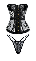 Black lace corset and thong set on a white background