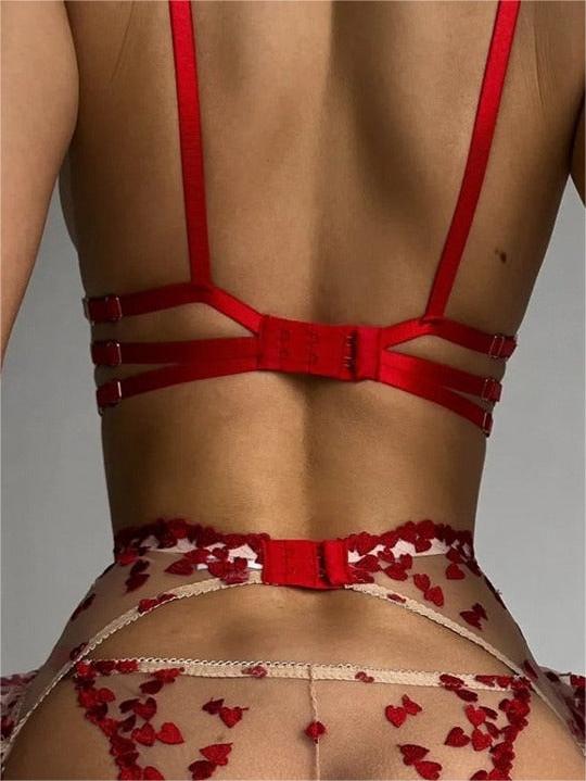 Romantic Red Heart Embroidered See-through Lingerie