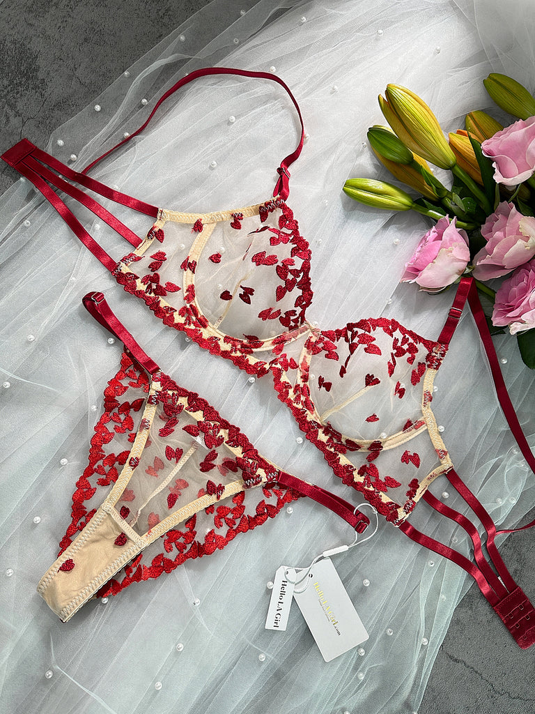Romantic Red Heart Embroidered See-through Lingerie