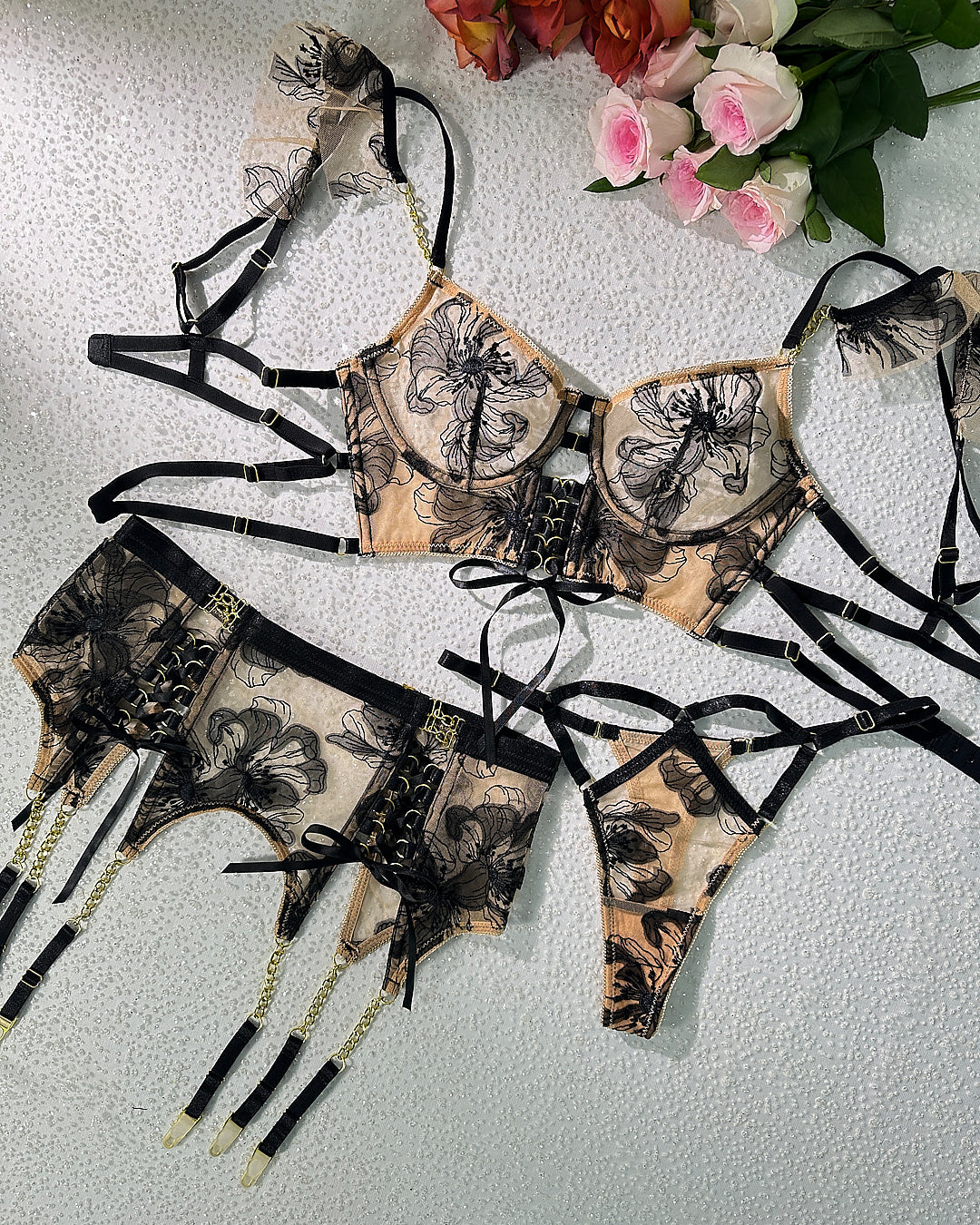 Black&Nude Ribbon Sculpting Body Lingerie Set| HelloLAGirl