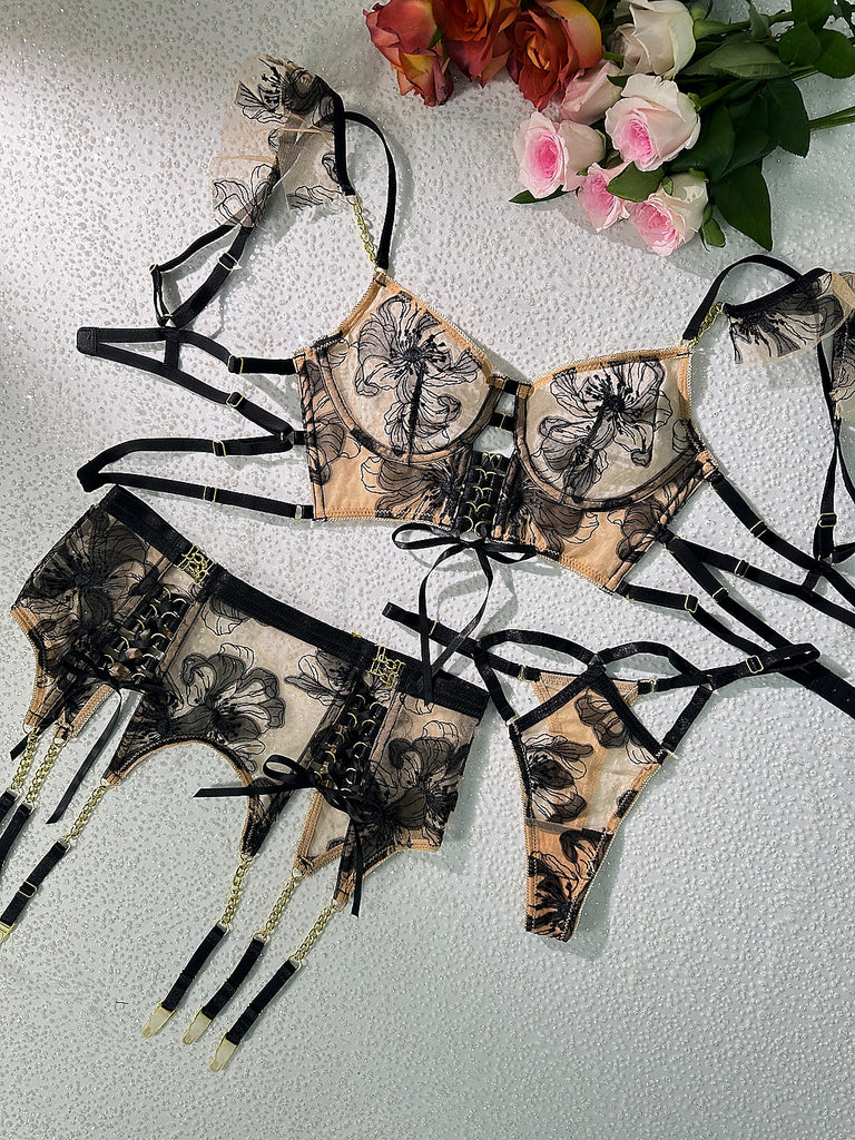 Black&Nude Ribbon Sculpting Body Lingerie Set| HelloLAGirl