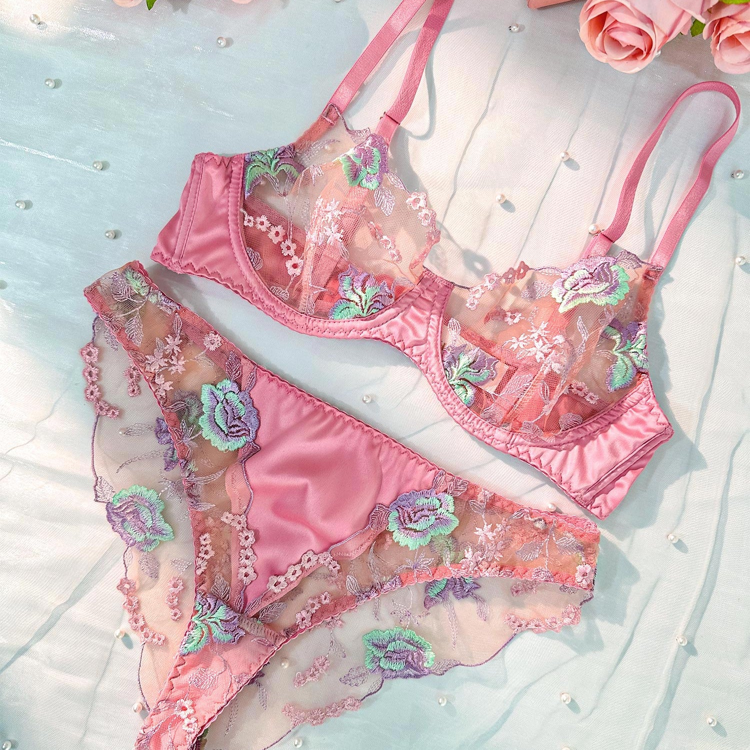 Pink Petals Embroidered Lingerie Set | HelloLAGirl