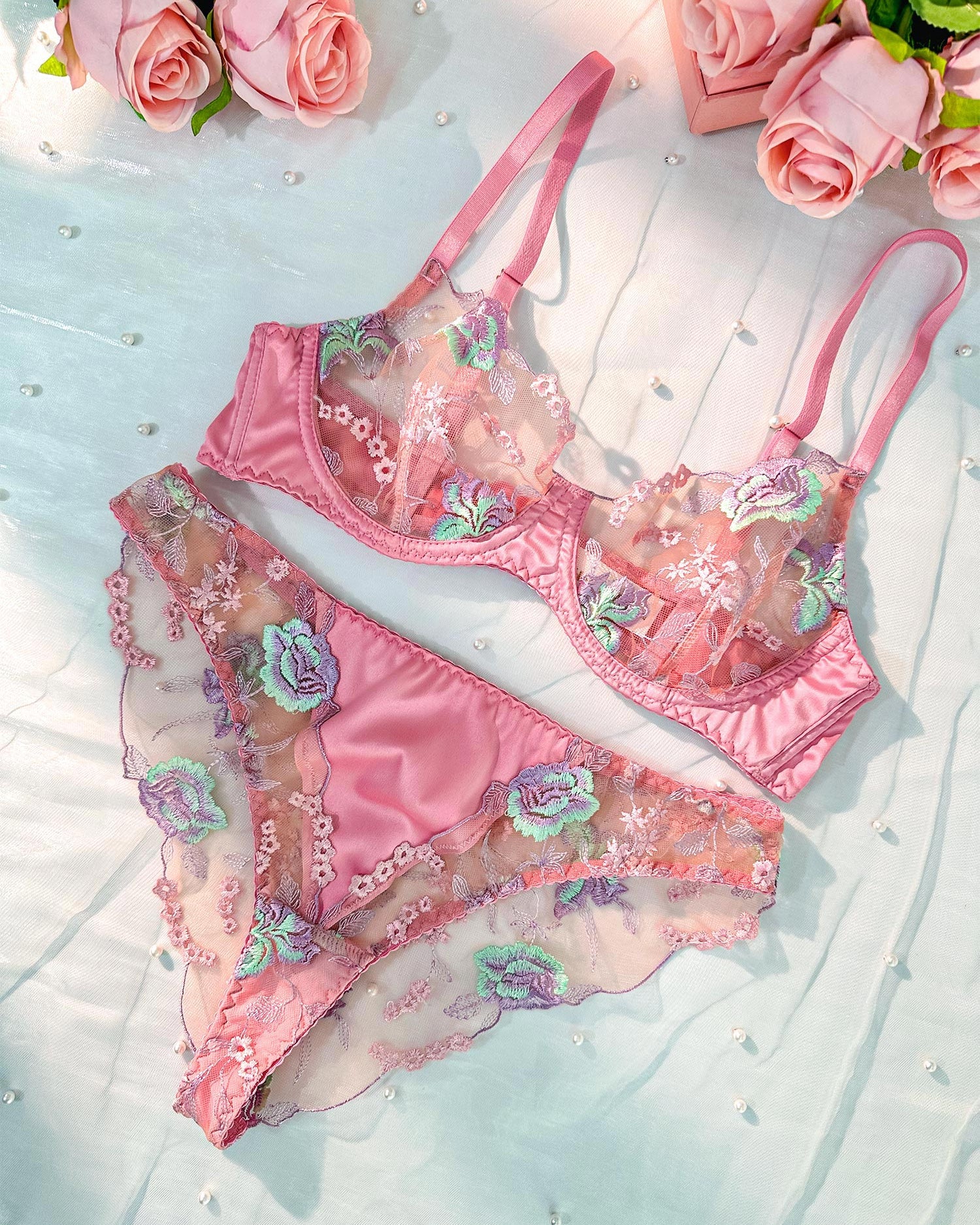 Pink Petals Embroidered Lingerie Set | HelloLAGirl