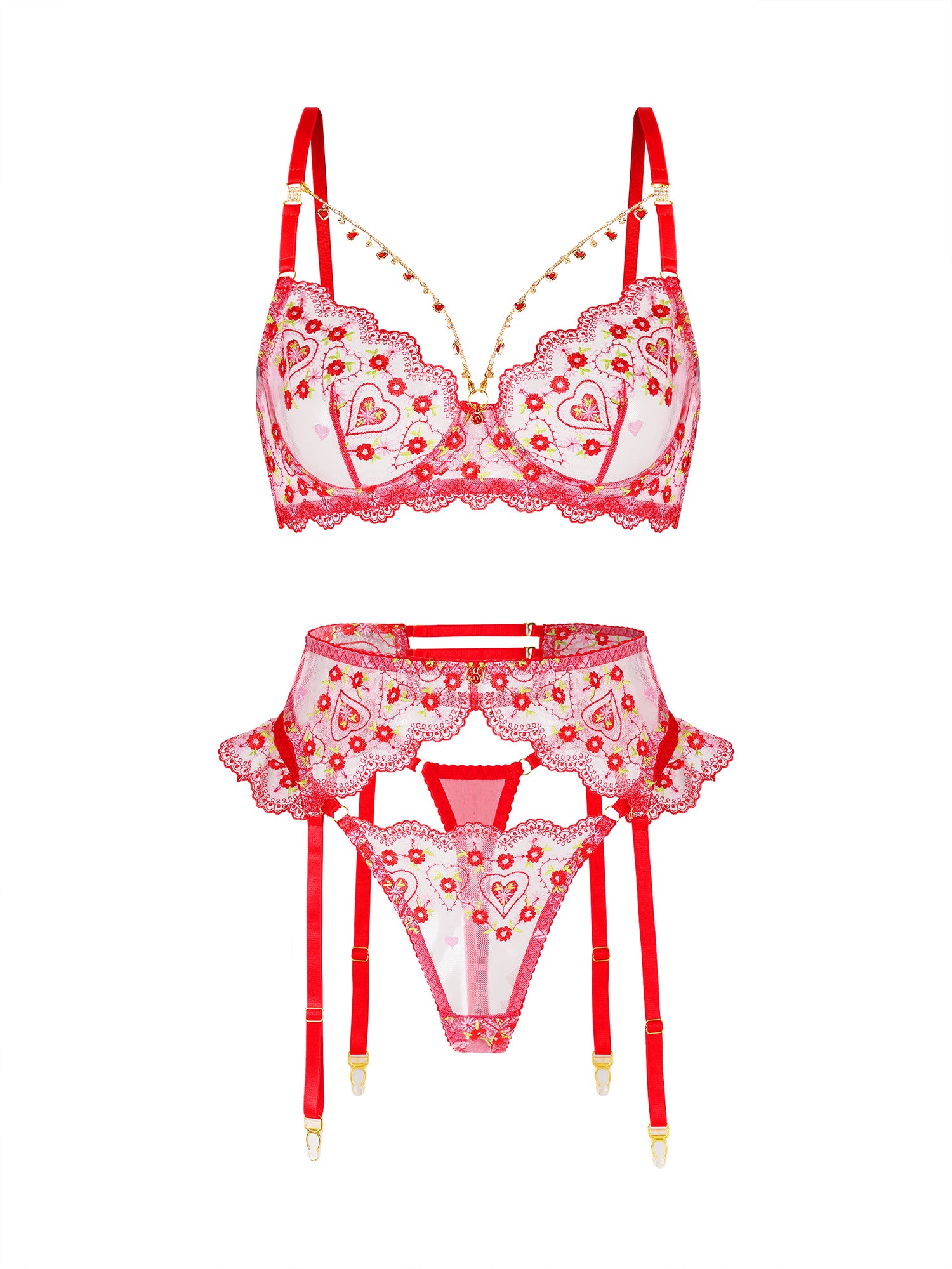 A red and white lingerie set featuring a bralette with floral lace applique, a matching garter belt with attached thong, and red suspender straps with gold-toned tips, displayed on a solid white background.