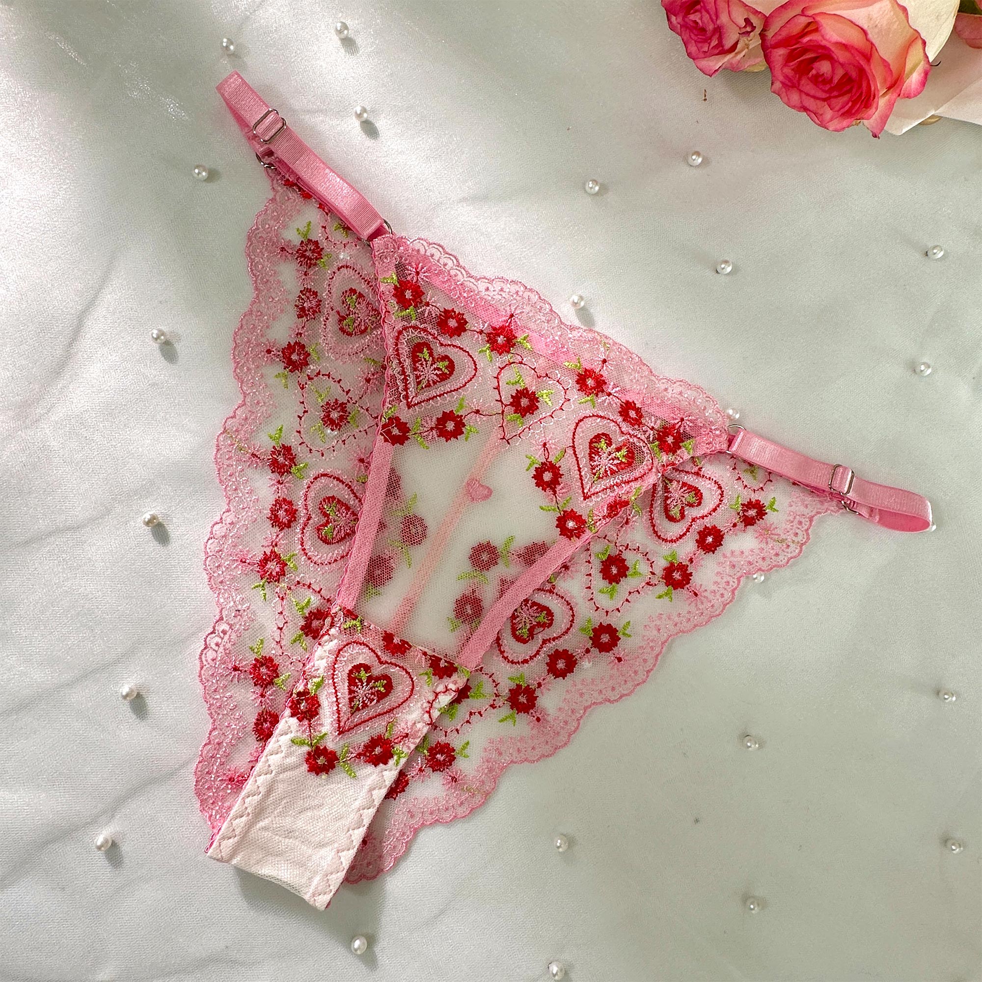 Pink Cute Sweetheart Lace Embroidery Thong