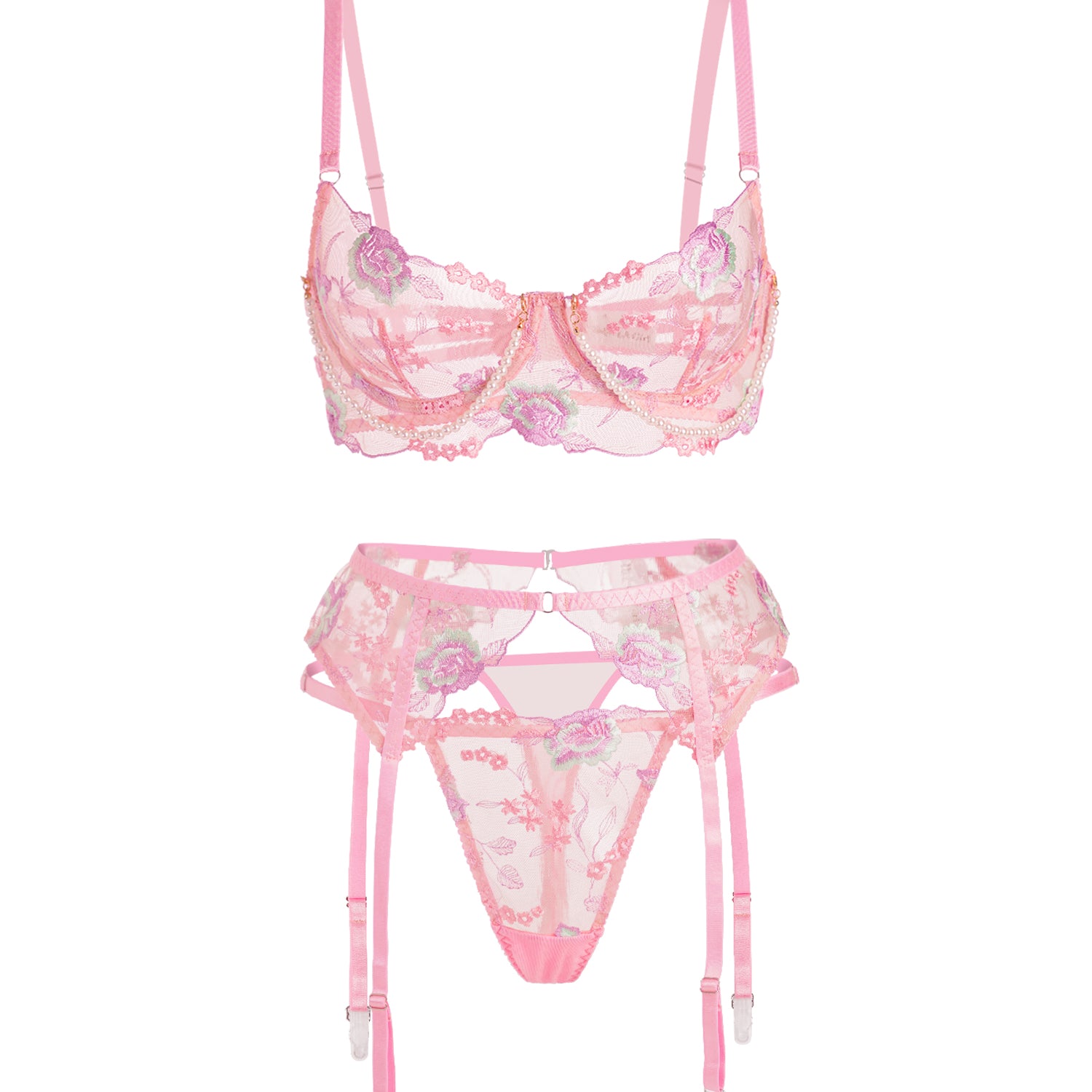 Pink Floral Embroidery Pearl Chain Lingerie Set