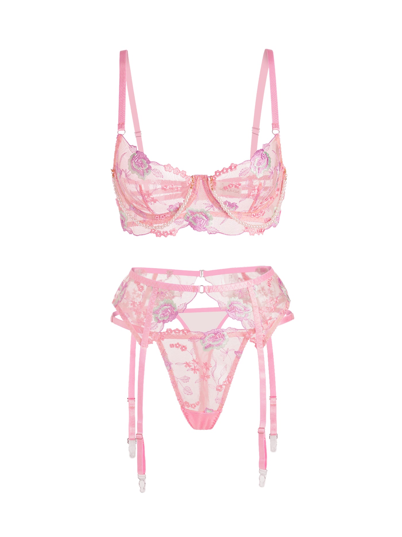 Pink Floral Embroidery Pearl Chain Lingerie Set |HelloLAGirl – Hello.LA ...