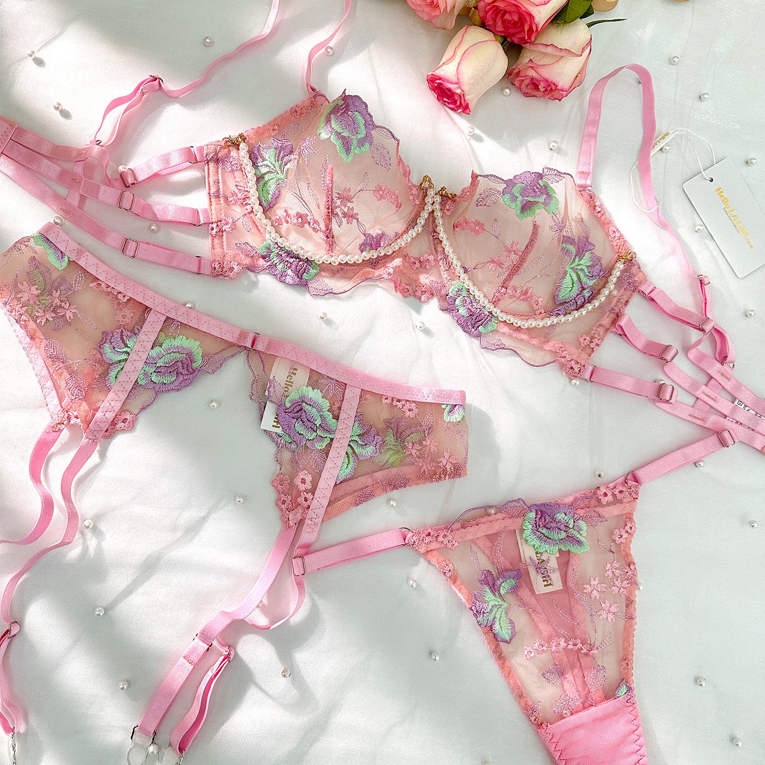 Pink Floral Embroidery Pearl Chain Lingerie Set