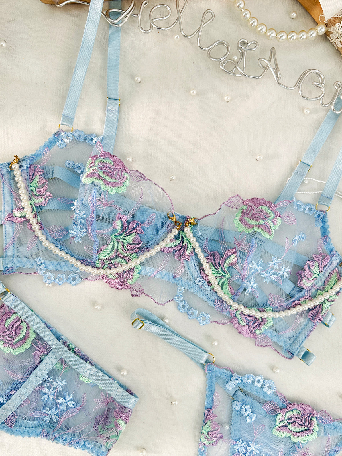 Blue Floral Embroidery Pearl Chain Lingerie Set | HelloLAGirl – Hello ...