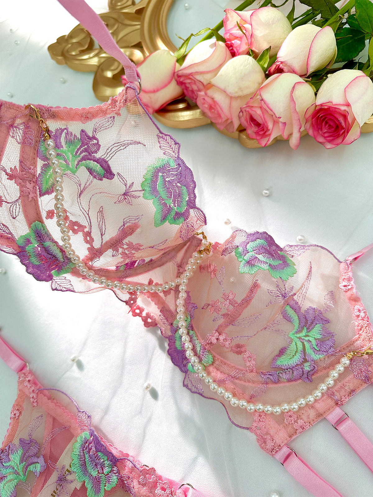 Pink Floral Embroidery Pearl Chain Lingerie Set |HelloLAGirl – Hello.LA ...