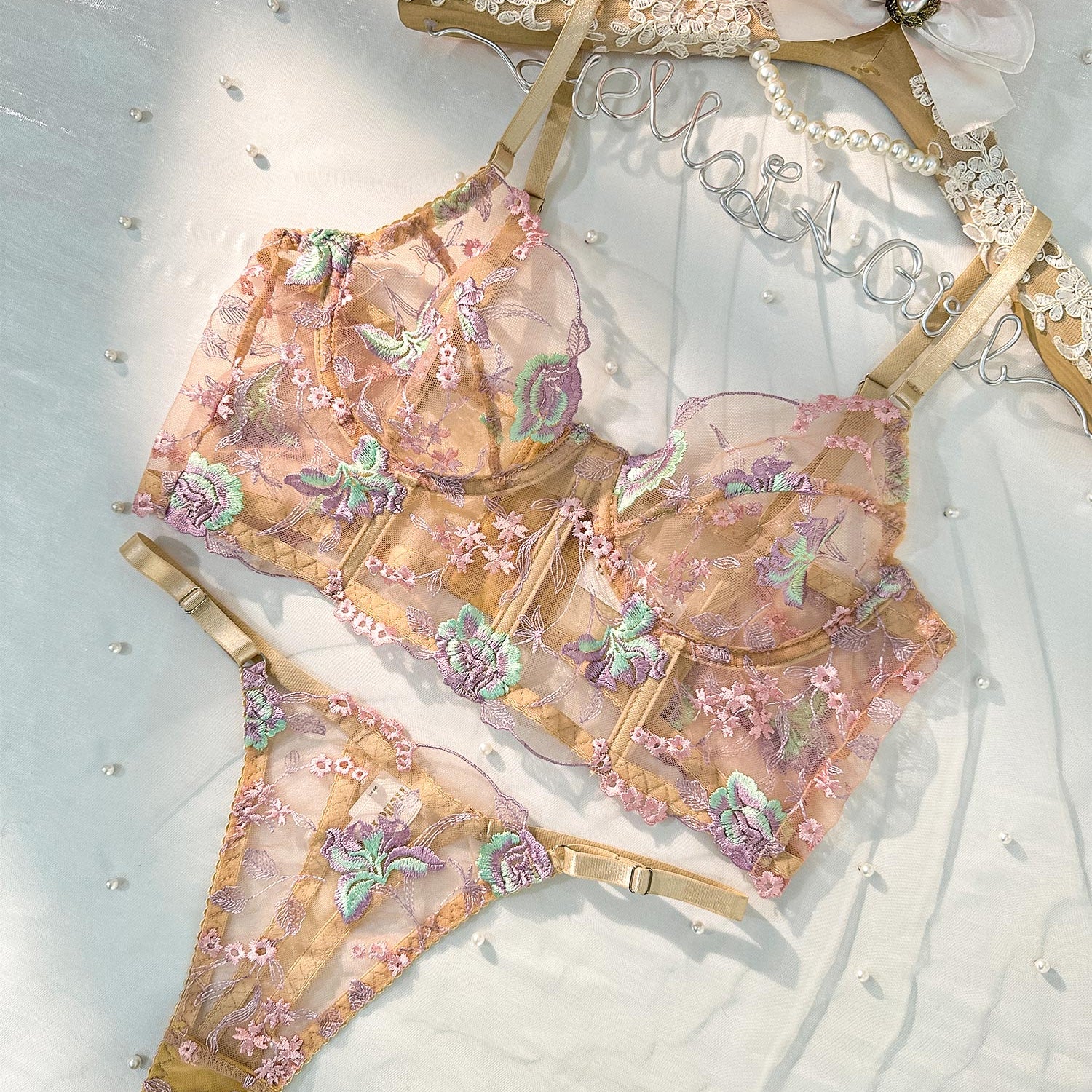 Champagne Floral Sexy Sheer Embroidered Lingerie Set