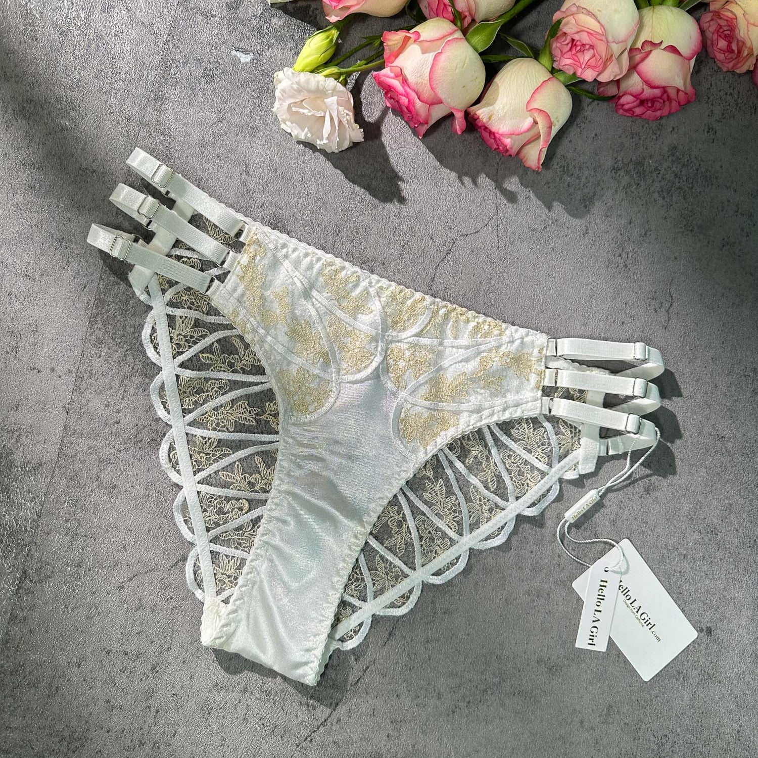 White&Gold  Embroidery Thong