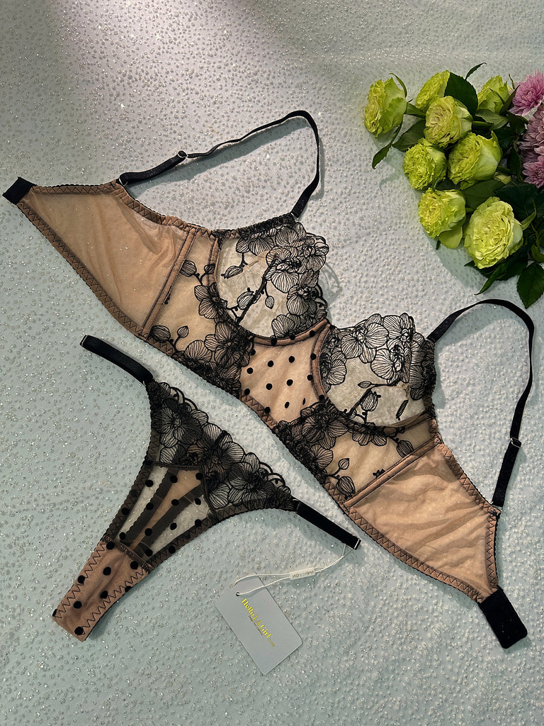 Nude Black Spot Soft Lace Widen Side Lingerie Set | HelloLAGirl
