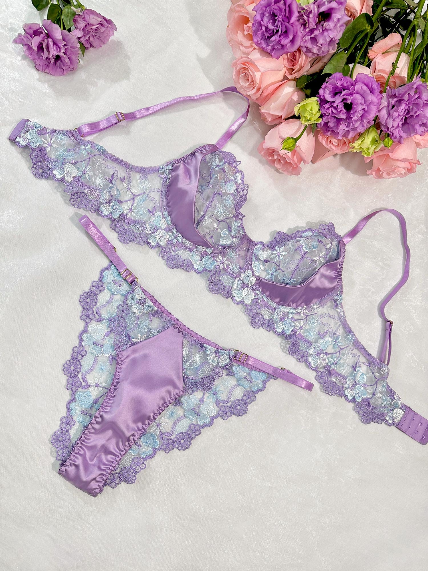 Lavender Floral Satin Lace Embroidery Thong
