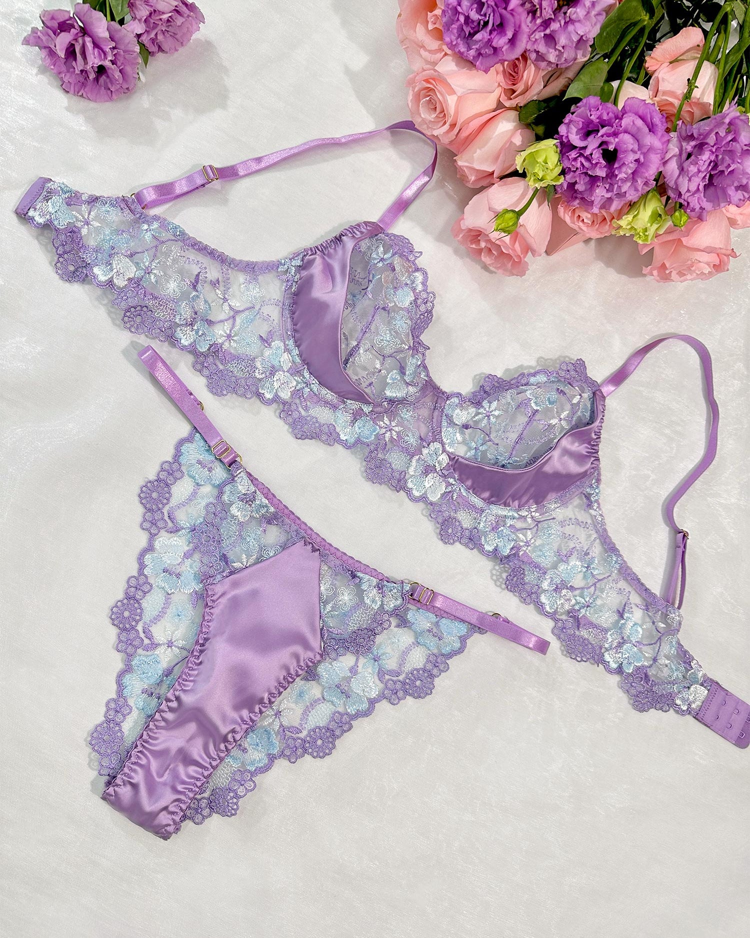 Lavender Floral Satin Lace Embroidery Thong