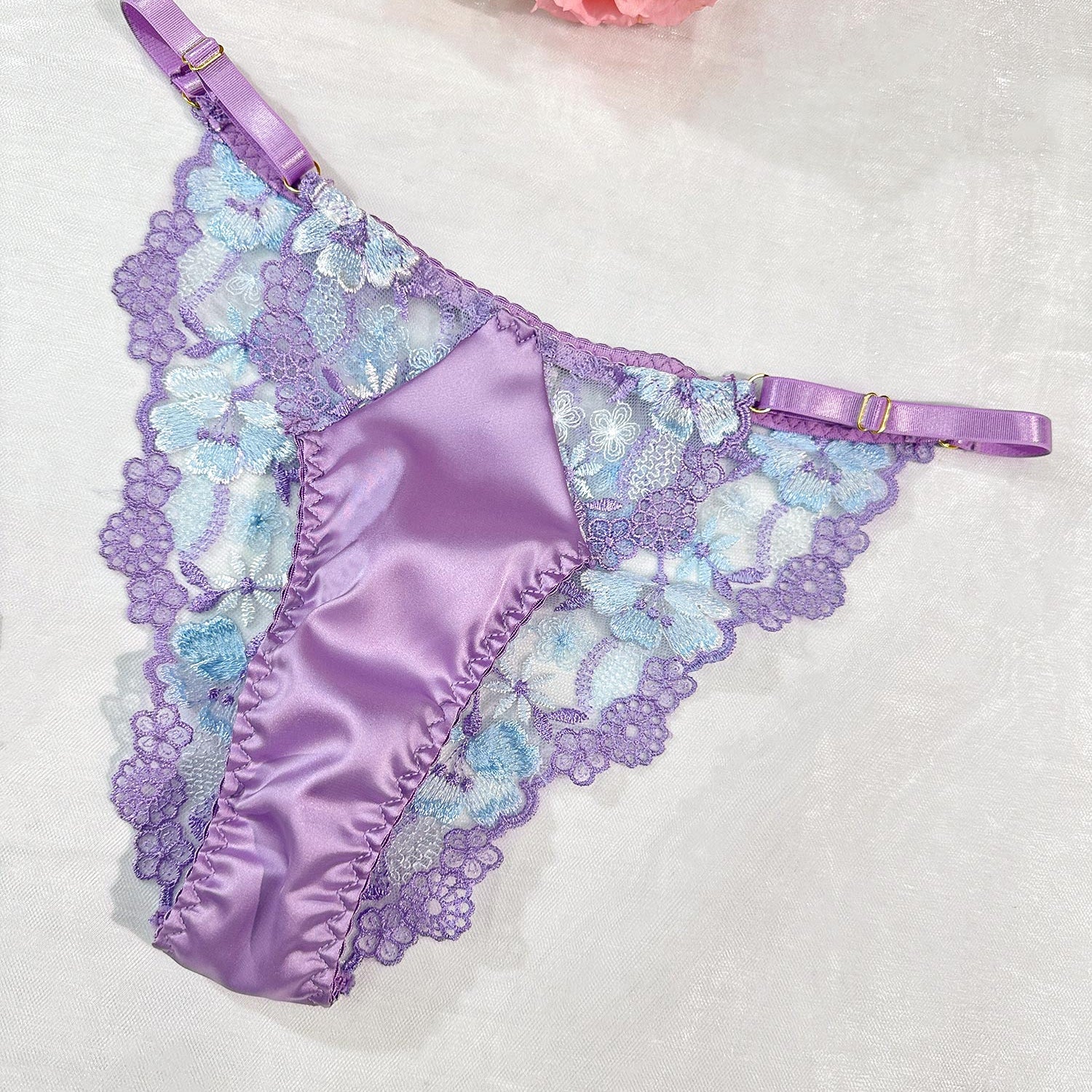 Lavender Floral Satin Lace Embroidery Thong