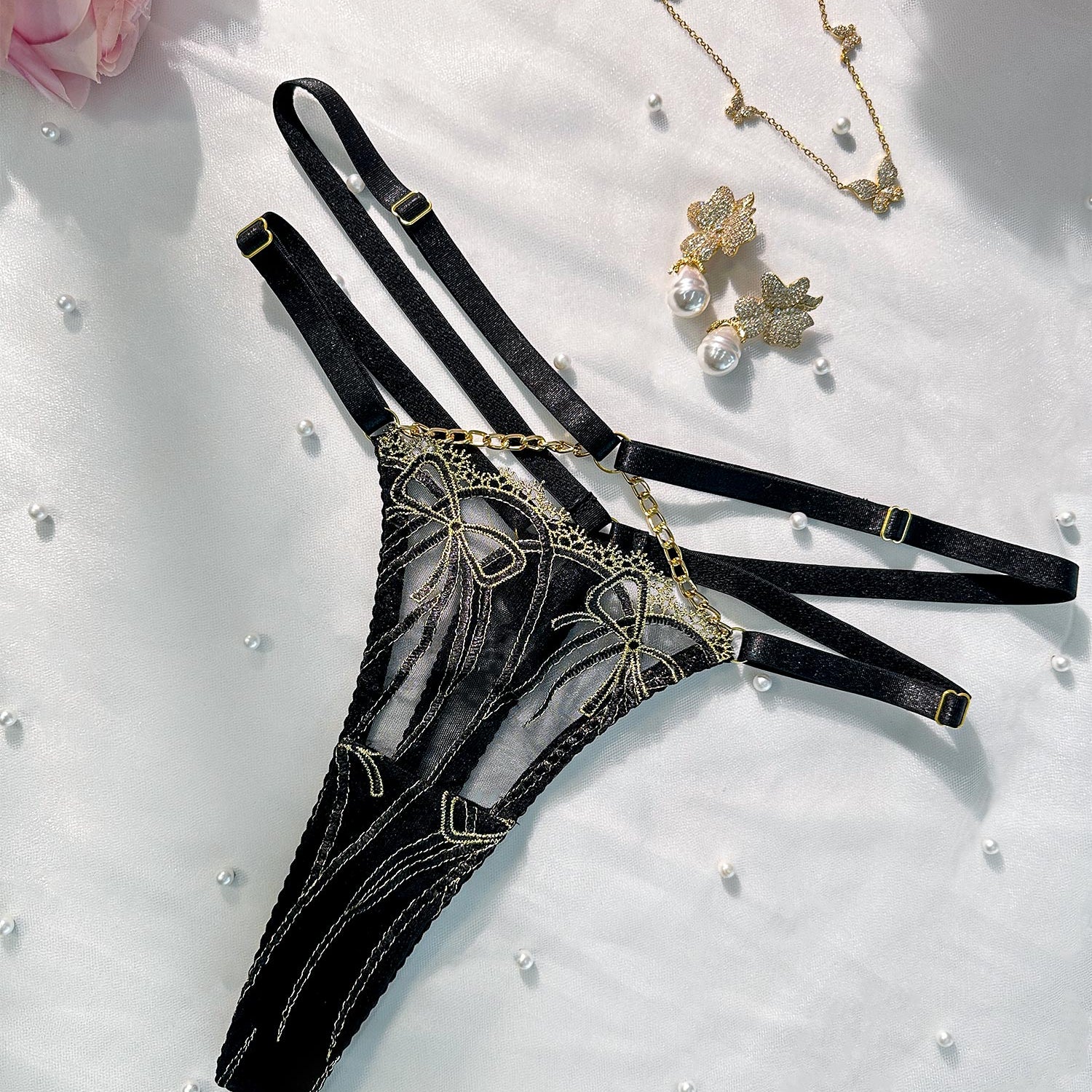 Black Gold-threaded Butterfly Bow Thong