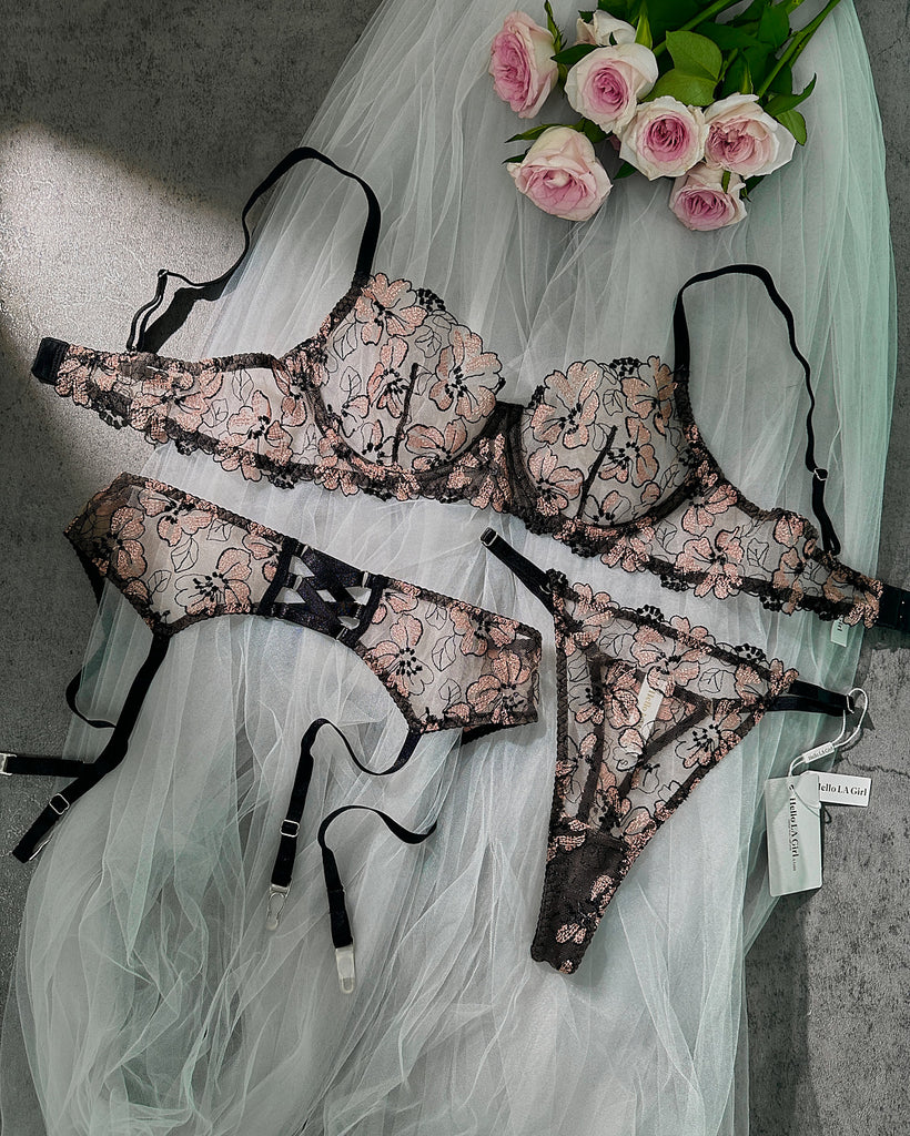 Black& Dustyrose Flowers  Lingerie Set |HelloLAGirl
