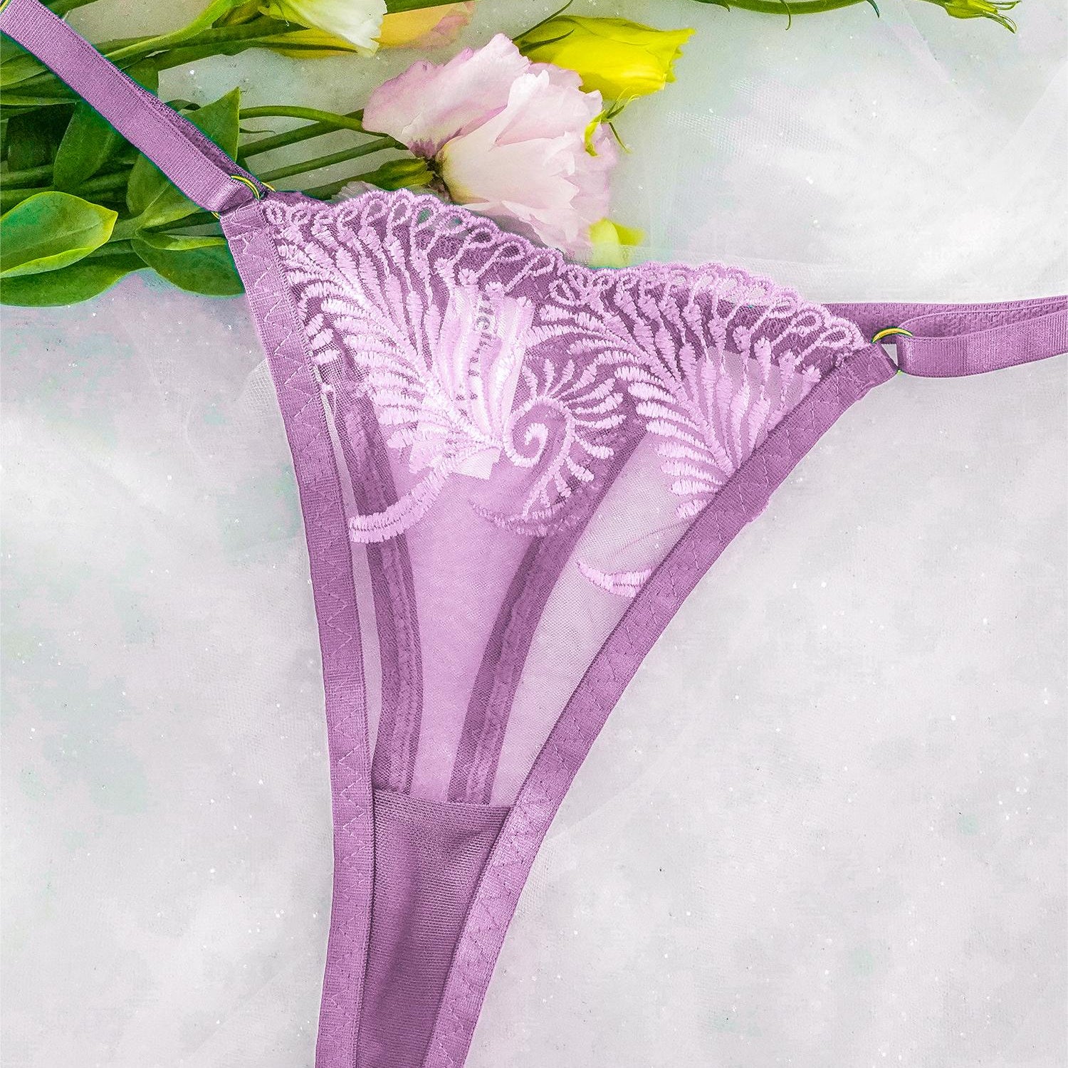 Purple Embroidery Adjustable Thong