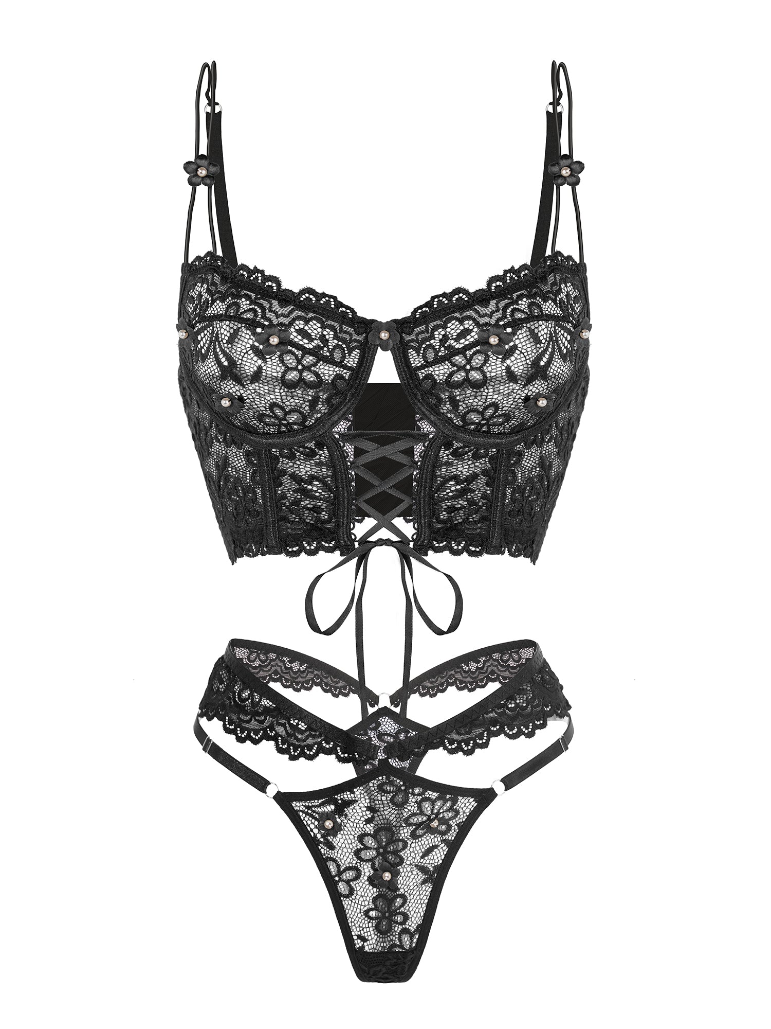 Black Pearls Small Flower Lace Lingerie Set