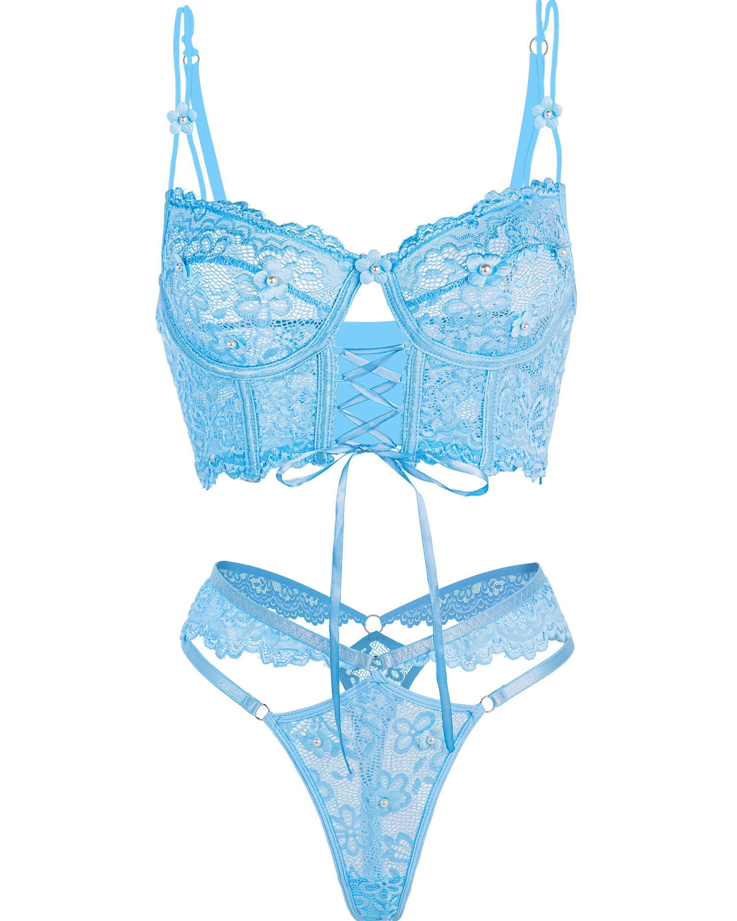 Blue Pearls Small Flower Lace Lingerie Set