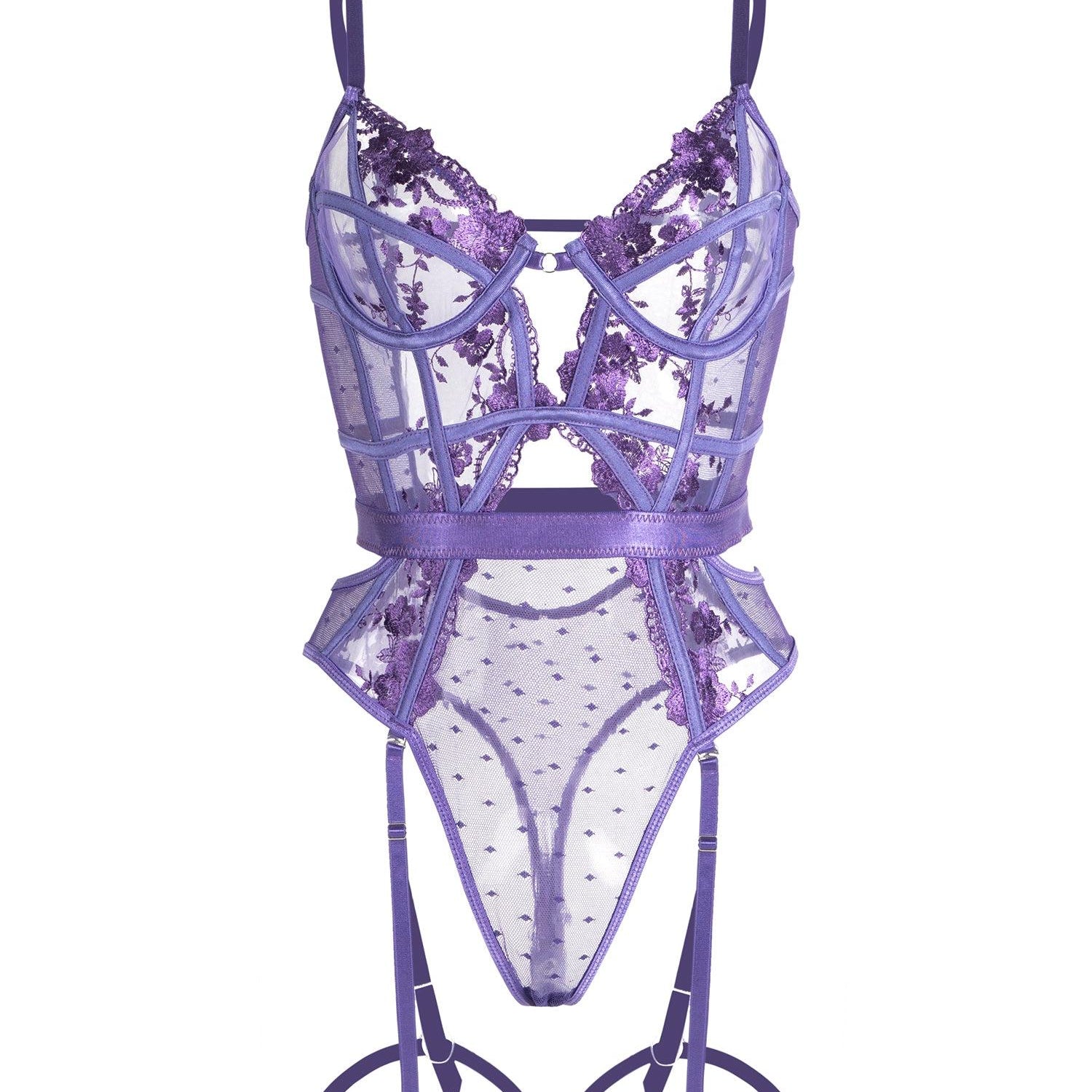 Purple Solid Elegant Embroidered Lace Bodysuit