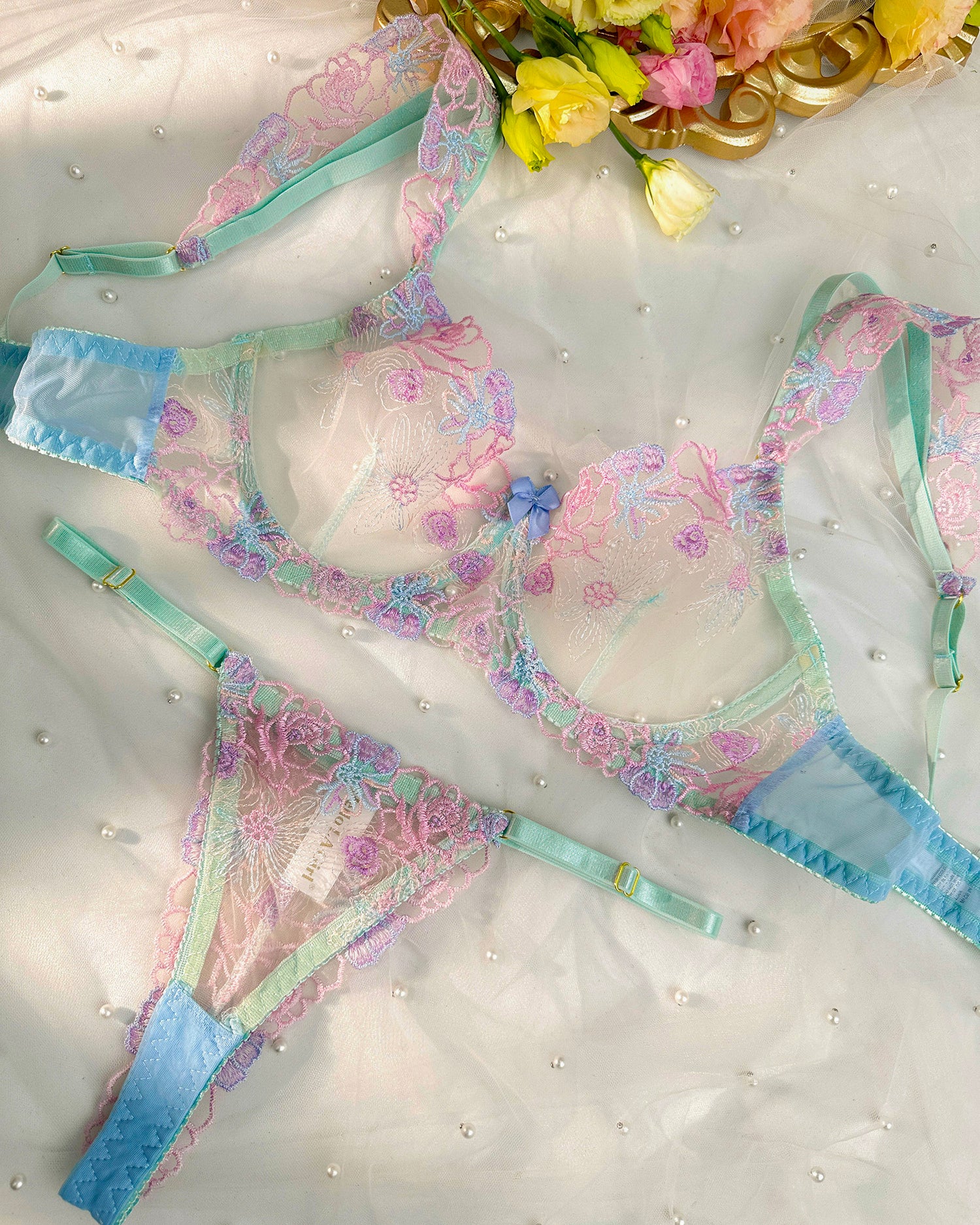 Blue Butterfly Bow Colorful Embroidered Flower Lingerie Set