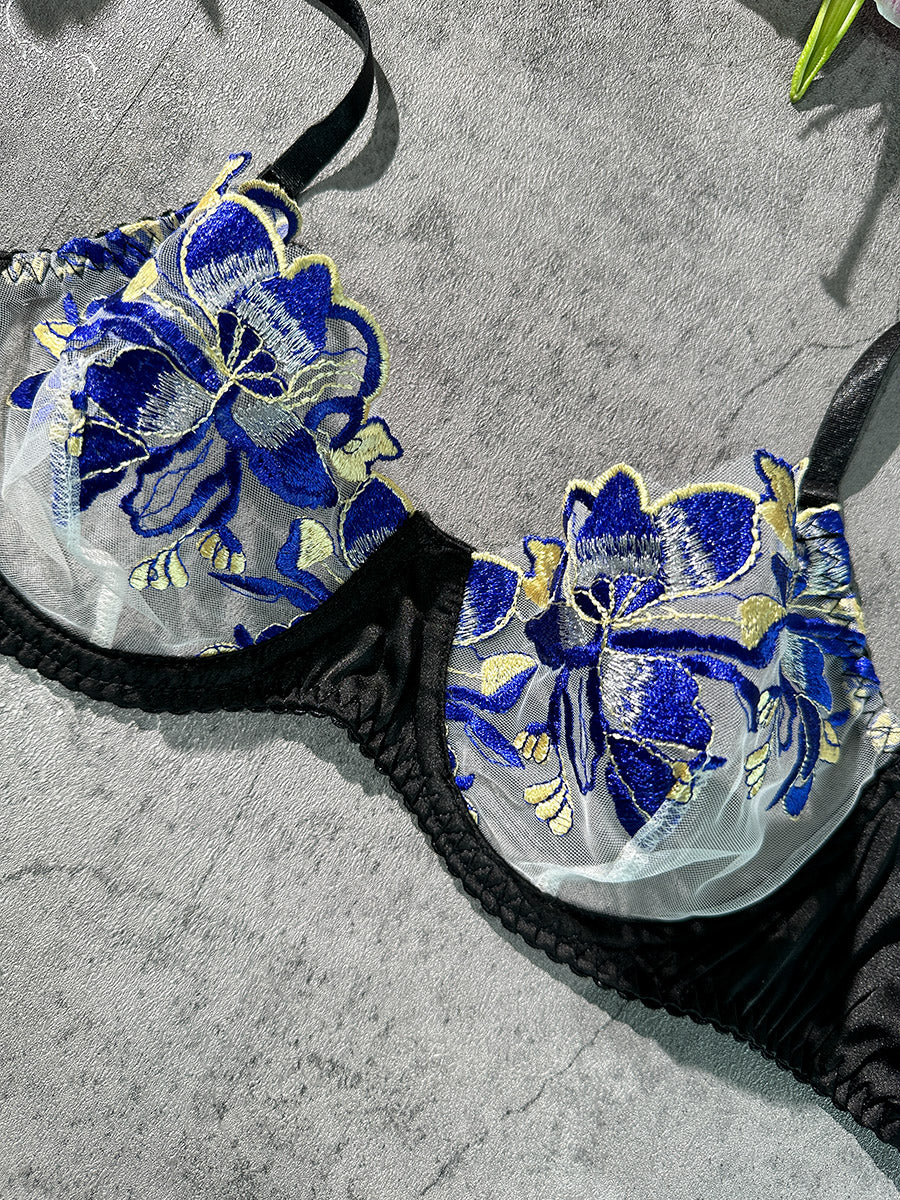 Blue Floral Embroidered Bra | HelloLAGirl