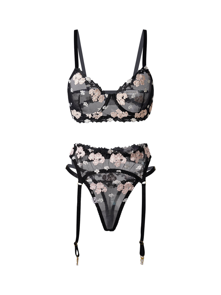 Black Cherry Blossoms Sheer Lace Lingerie Set | HelloLAGirl