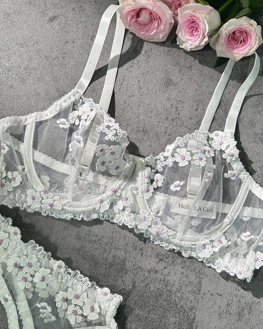White Cherry Blossoms Sheer Lace Lingerie Set | HelloLAGirl