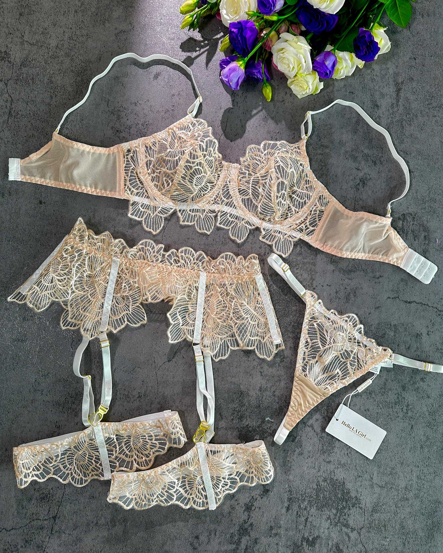 Apricot Lace Flower Embroidery  Lingerie Set| HelloLAGirl