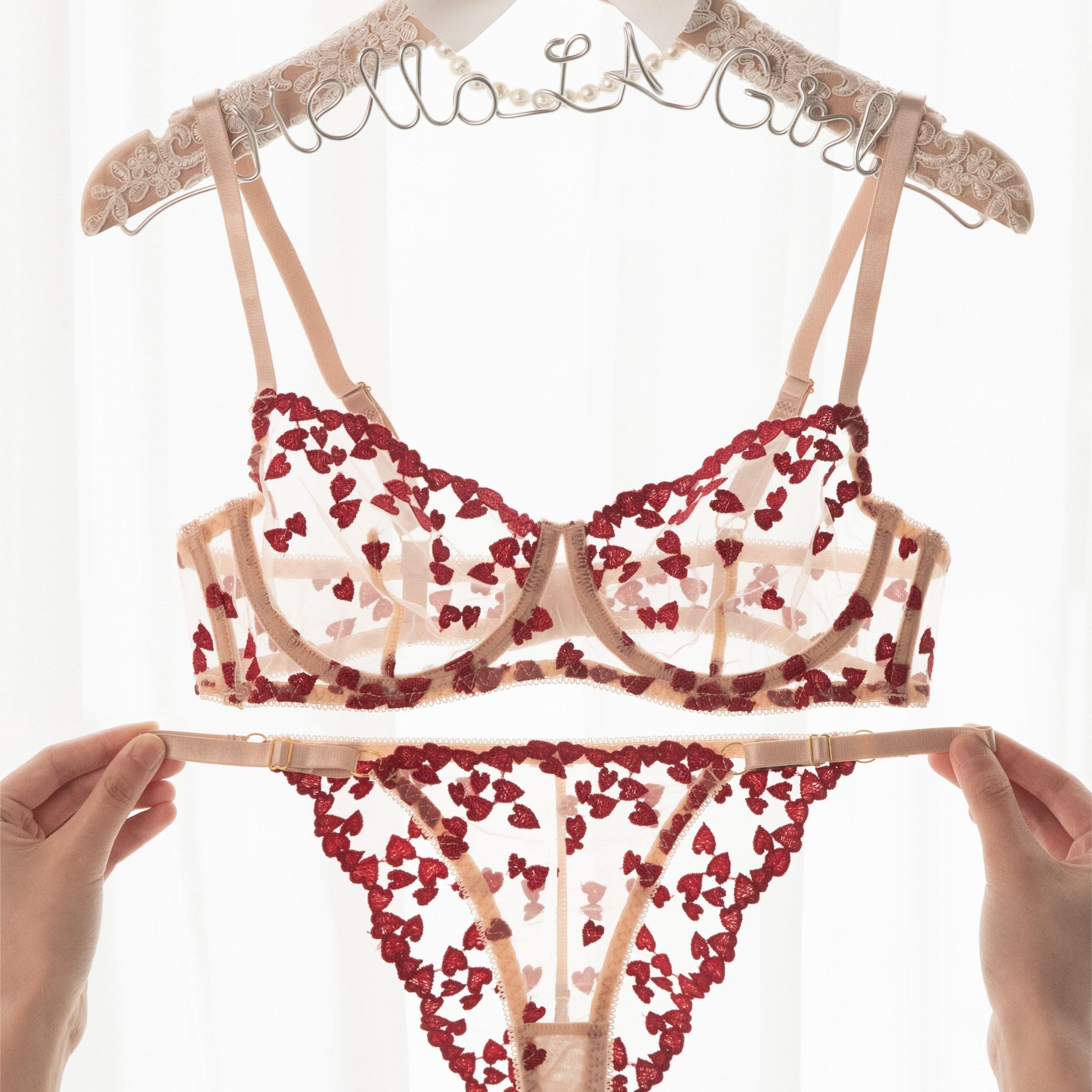 Red Little Heart Embroidery Sheer Lace Lingerie Set