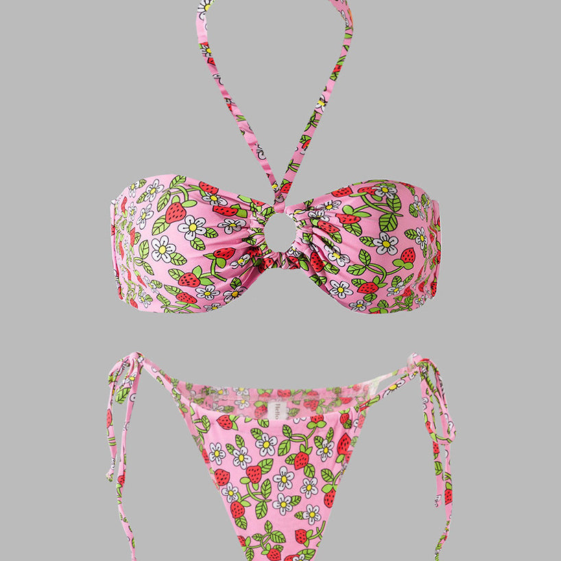 Pink Strawberry Double Fabric Bikini Set