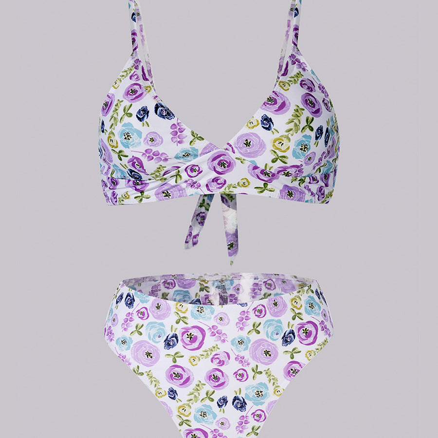 Purple &Green Floral Double layer High-Waisted Bikini Set