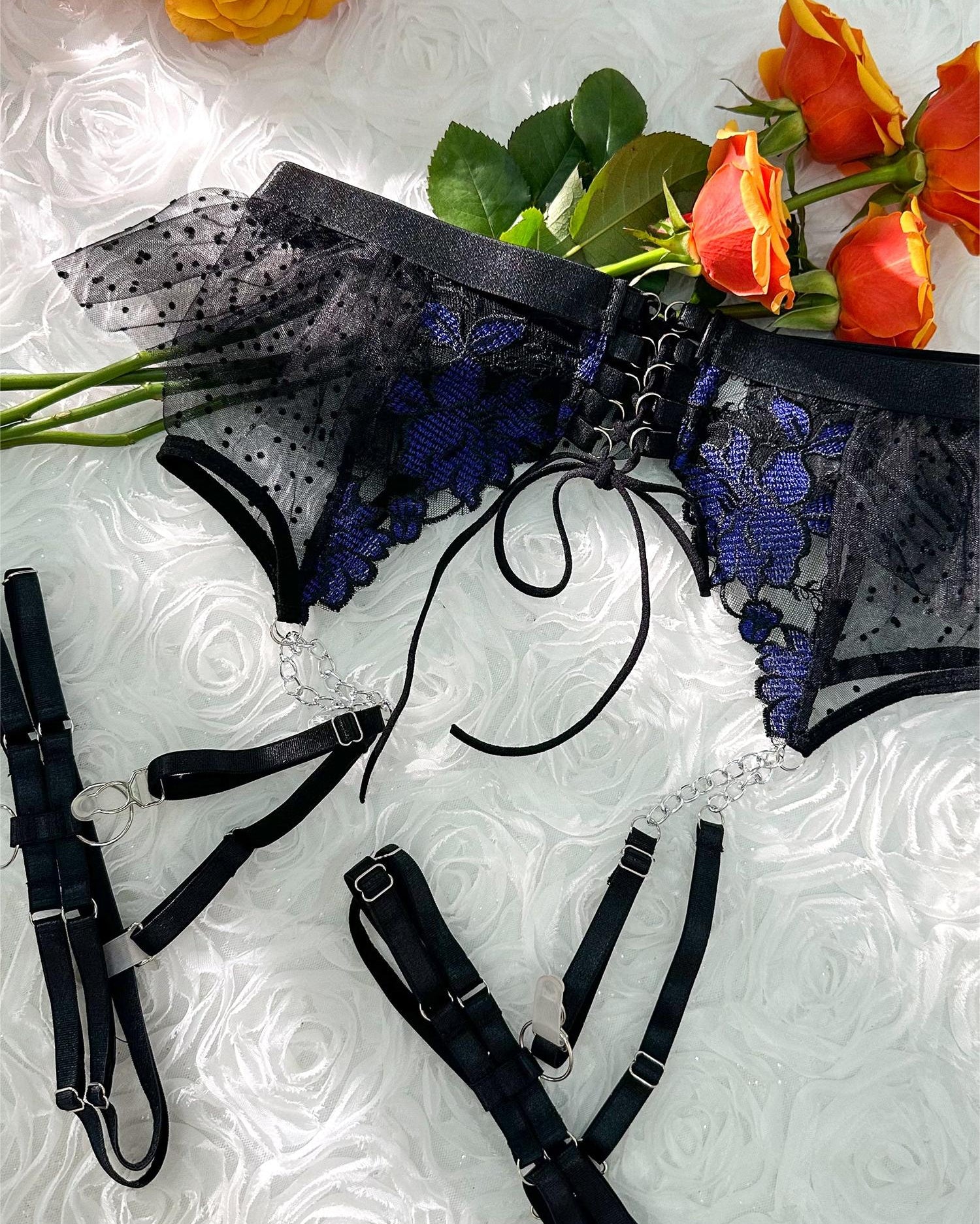 Black&blue Lace Tie Adjustable Sculpting Body Lingerie Set