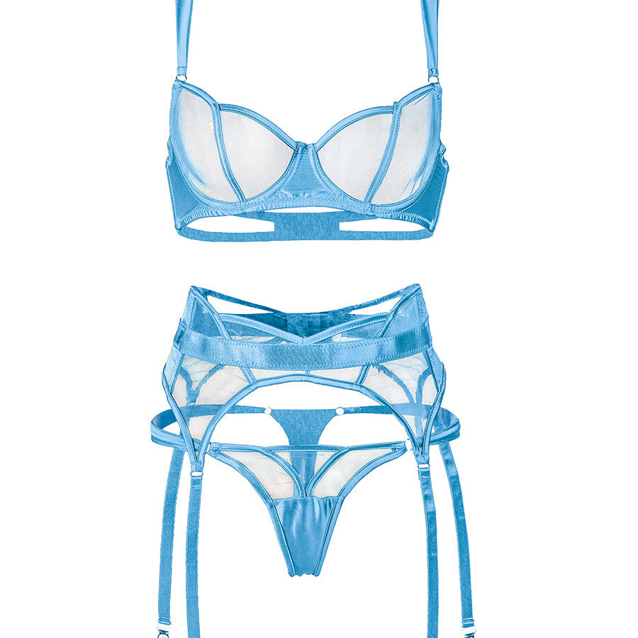Blue See Through Mesh Sexy Push Up Lingerie Set