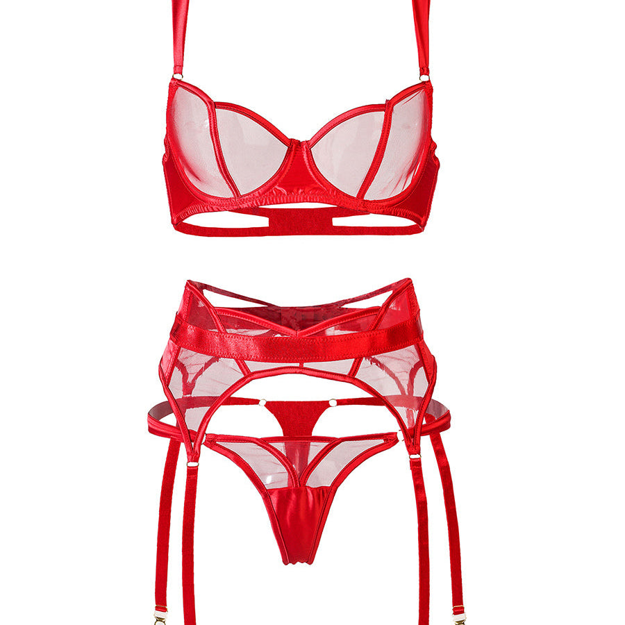 Red See Through Mesh Sexy Push Up Lingerie Set