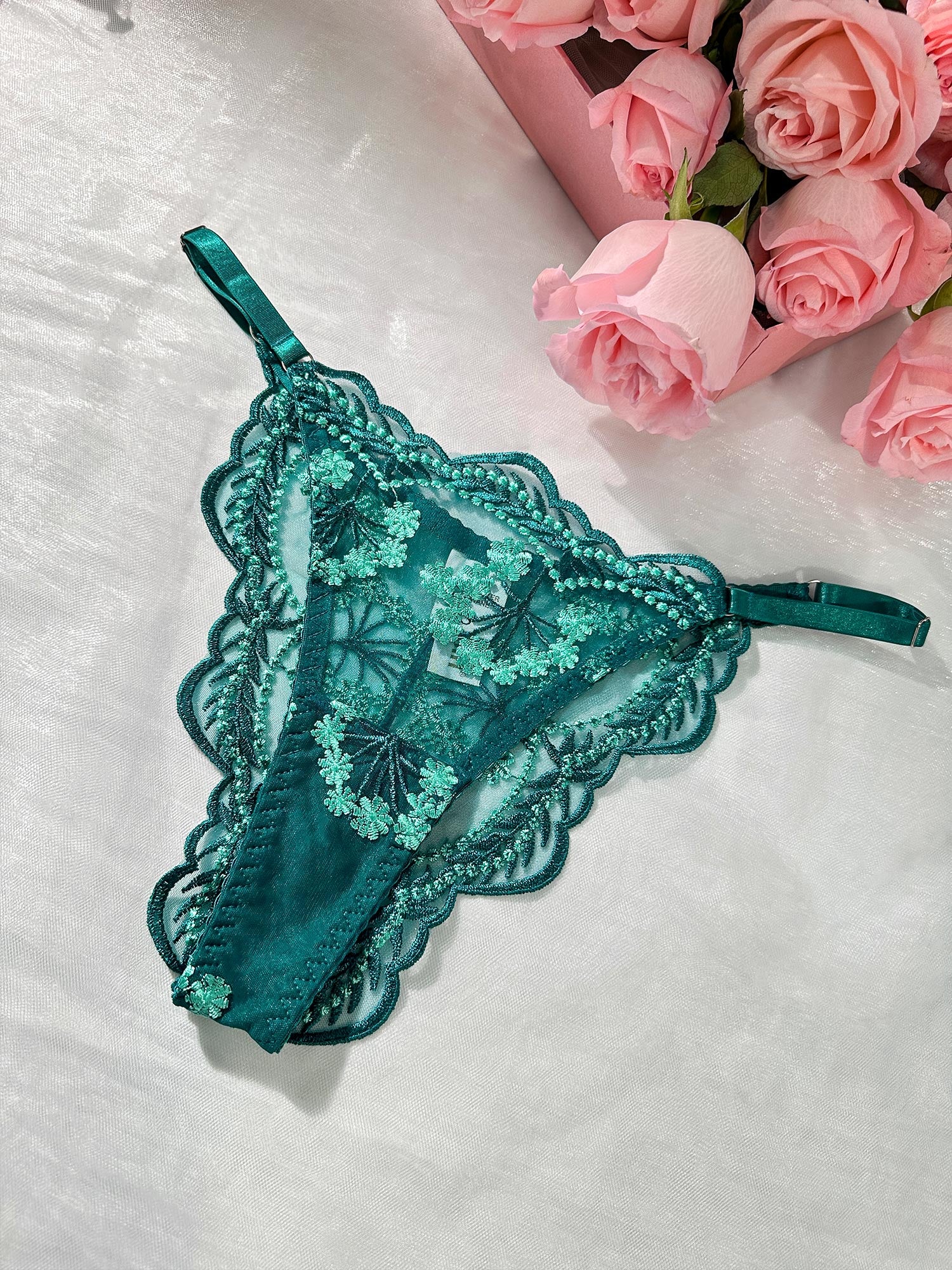 Vintage Turquoise Satin Embroidered Thong