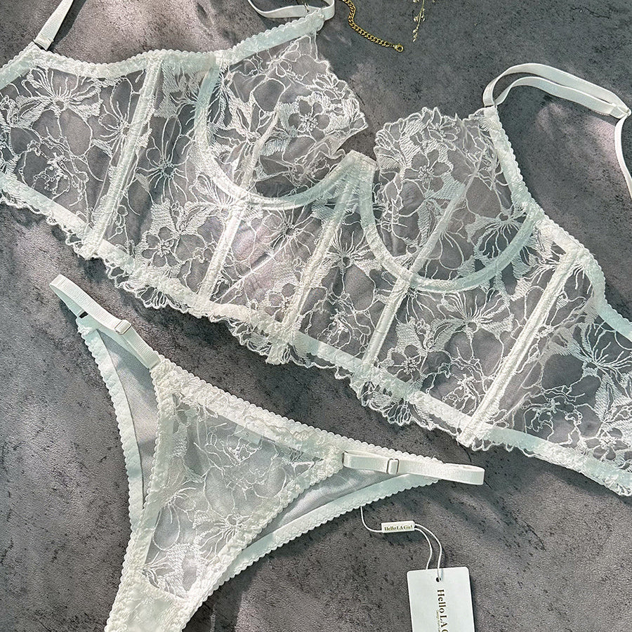 White Sexy Sheer Embroidered Lingerie Set